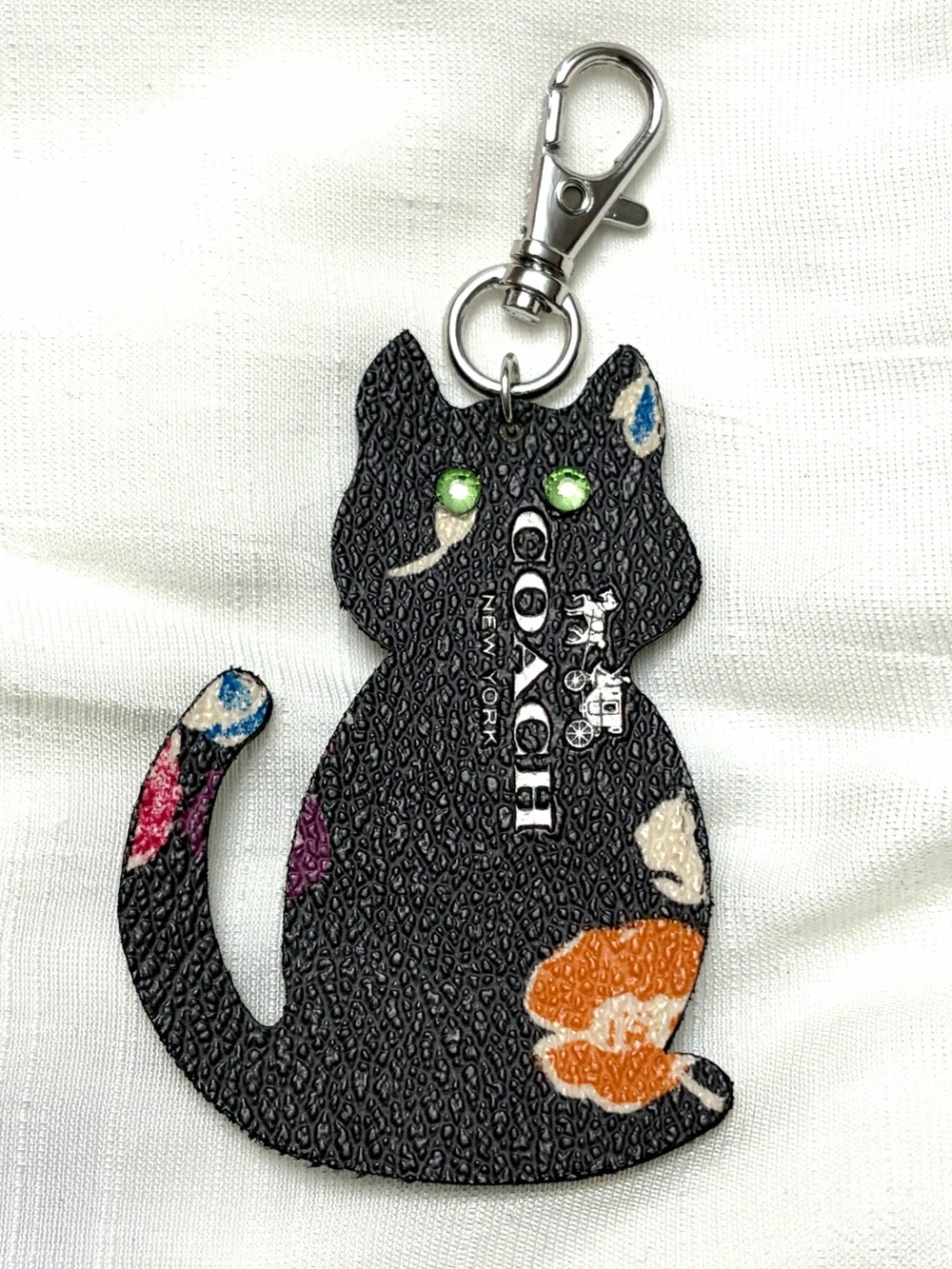 Upcycled COACH Black Cat Keychain Charm with Multicolor Floral Accents